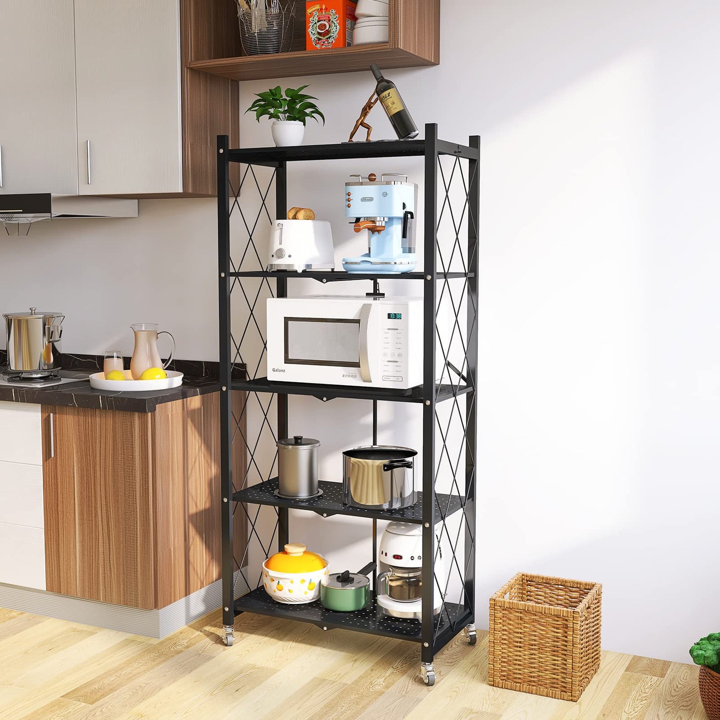 WHIFEA 5 Tier Foldable No Assembly Storage Shelves with Wheels 28.3’’15’’63.2’’ Free Standing Metal Wire Rack Heavy Duty Pantry Collapsible Organizer for Kitchen Bedroom Bathroom Office Black
