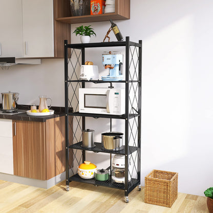 WHIFEA 5 Tier Foldable No Assembly Storage Shelves with Wheels 28.3’’15’’63.2’’ Free Standing Metal Wire Rack Heavy Duty Pantry Collapsible Organizer for Kitchen Bedroom Bathroom Office Black