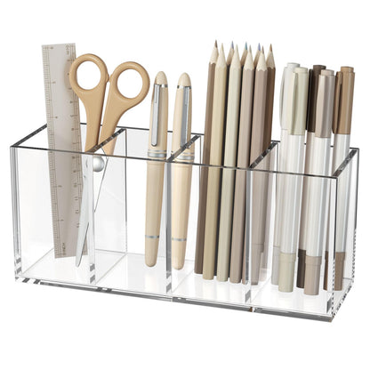 Acrylic Pen Holder, Clear Desk Organizer with 4 Compartments, Storage Cup for Pens, Pencils, Markers and Office Supplies, Suitable for Countertop, Desk and Workstation Use, Clear