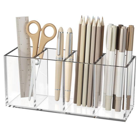 Acrylic Pen Holder, Clear Desk Organizer with 4 Compartments, Storage Cup for Pens, Pencils, Markers and Office Supplies, Suitable for Countertop, Desk and Workstation Use, Clear