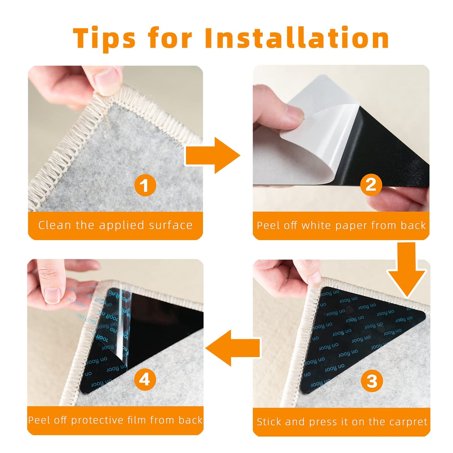 Carpet Tape, 8 Pcs Non Slip Rug Tape for Hardwood Floors and Tiles, Reusable and Washable Rug Pad Gripper for Area Rugs, Dual Sided Adhesive Rug Stopper Keep Corners Flat