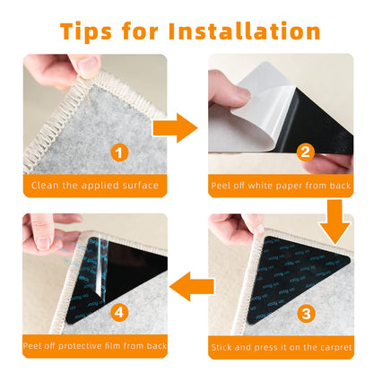 Carpet Tape, 8 Pcs Non Slip Rug Tape for Hardwood Floors and Tiles, Reusable and Washable Rug Pad Gripper for Area Rugs, Dual Sided Adhesive Rug Stopper Keep Corners Flat