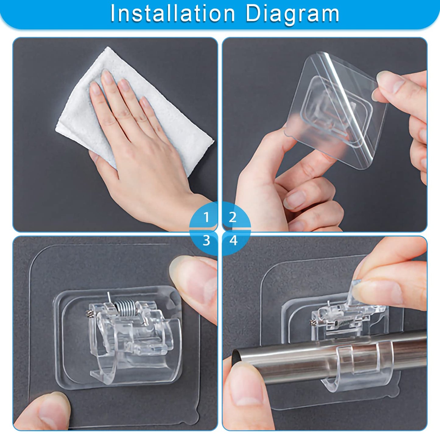 No Drill Curtain Rod Brackets 4 Pcs Curtain Rod Holder Self-Adhesive Curtain Rod Mount Adjustable Curtain Rod Hooks Nail Free Curtain Hangers for Bathroom, Bedroom, Hotel, Clear