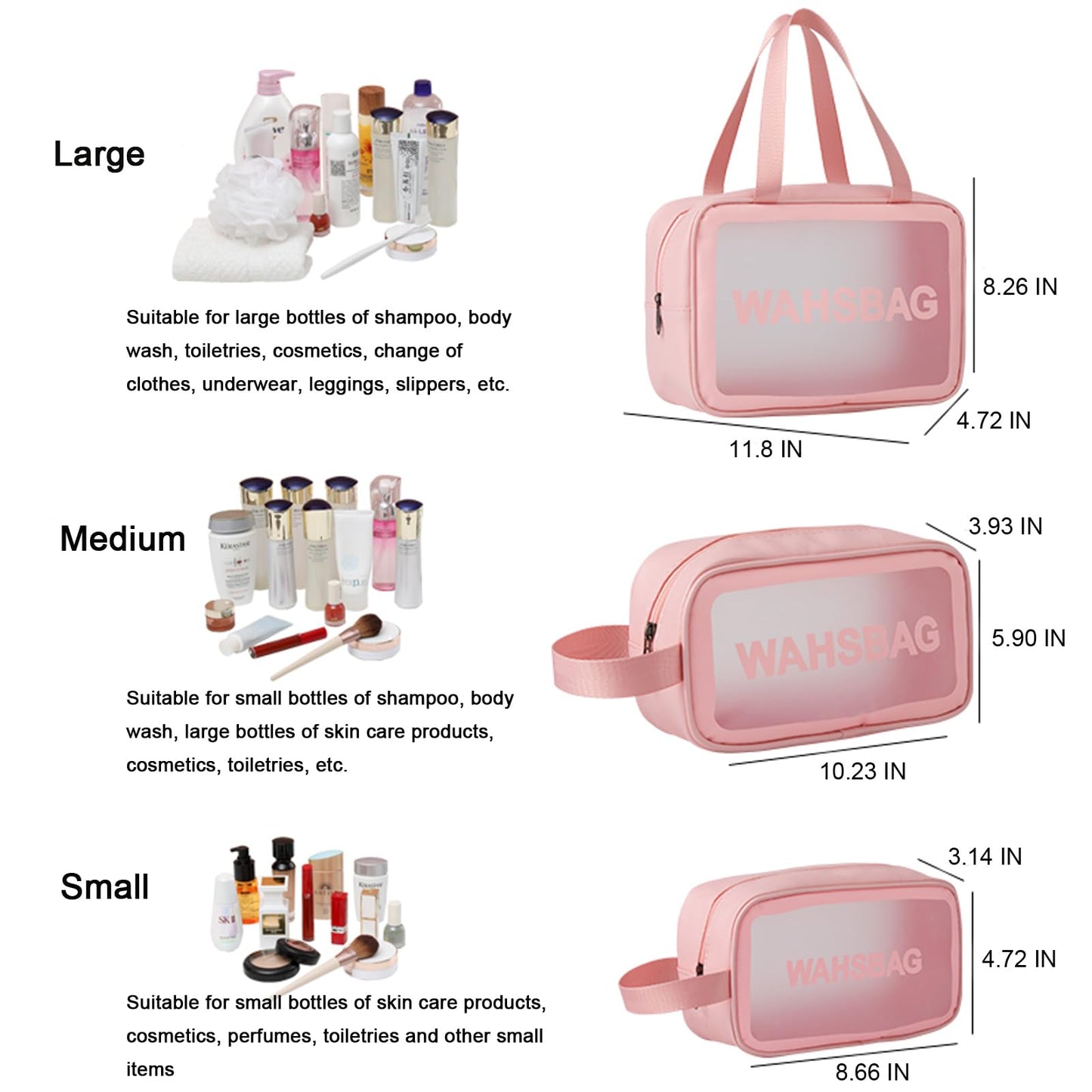 Qupzsen Travel Toiletry Bag for Women and Men - Matte Translucent Bag with Handy Handle - Makeup Cosmetic Organizer for Travel Toiletries Accessories, Pink, 3