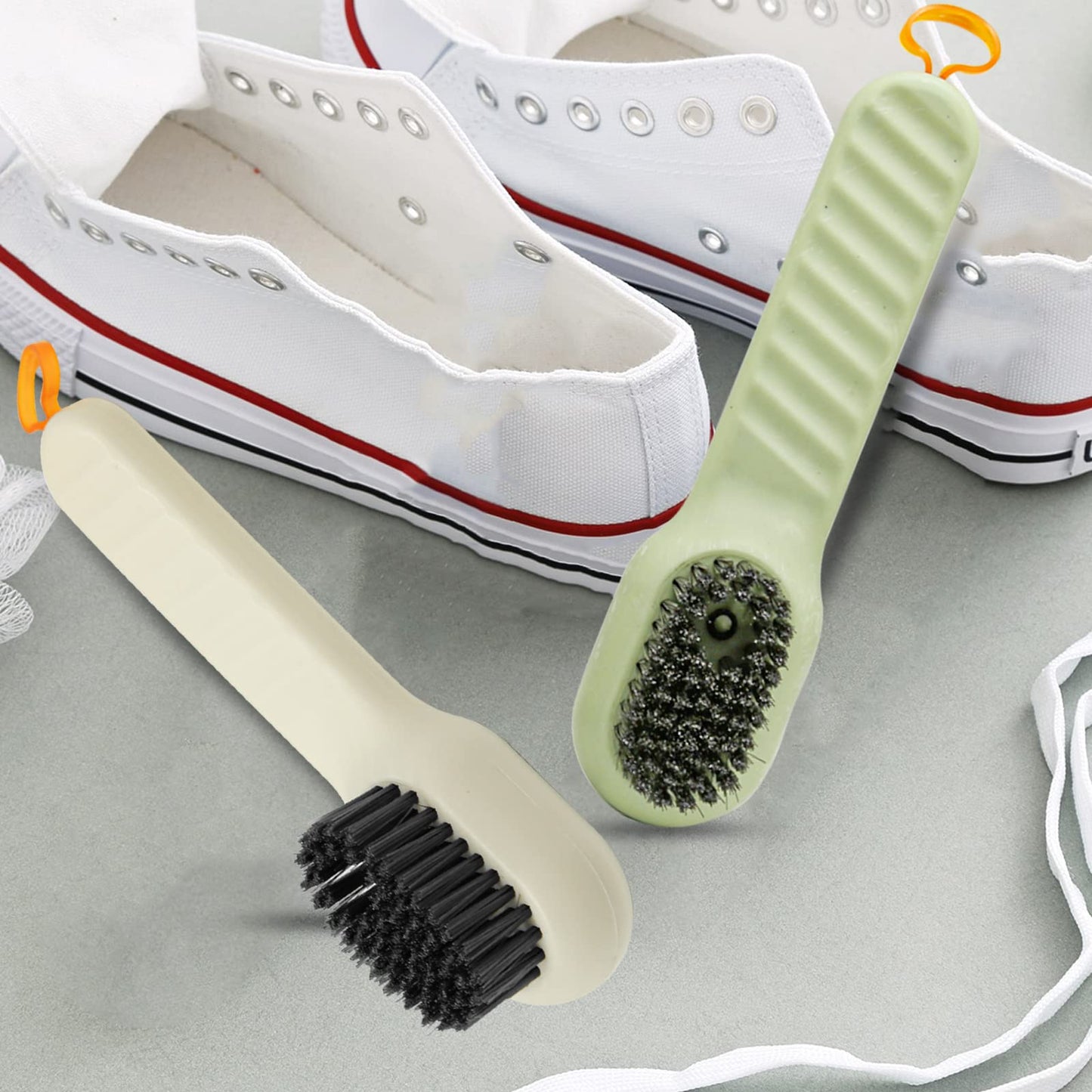 2Pcs Multifunctional Liquid Shoe Cleaning Brush with Soap Dispenser, Shoe Laundry Brush Scrub Brushes for Cleaning, Soft Bristle Cleaning Brushes for Household Use Bathroom Kitchen (Green, White)