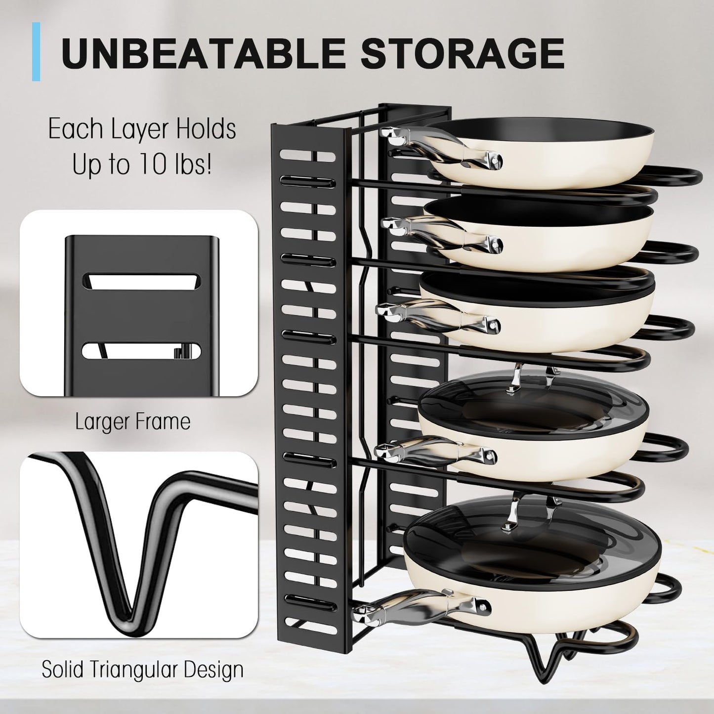 8-Tier Adjustable Rack Heavy, Pots and Pans Organizer Rack for Cabinet, Duty Under Cabinet Pot and Pan Storage, Perfect for Pots, Pans, and Lids - Easy Kitchen Organization and Storage