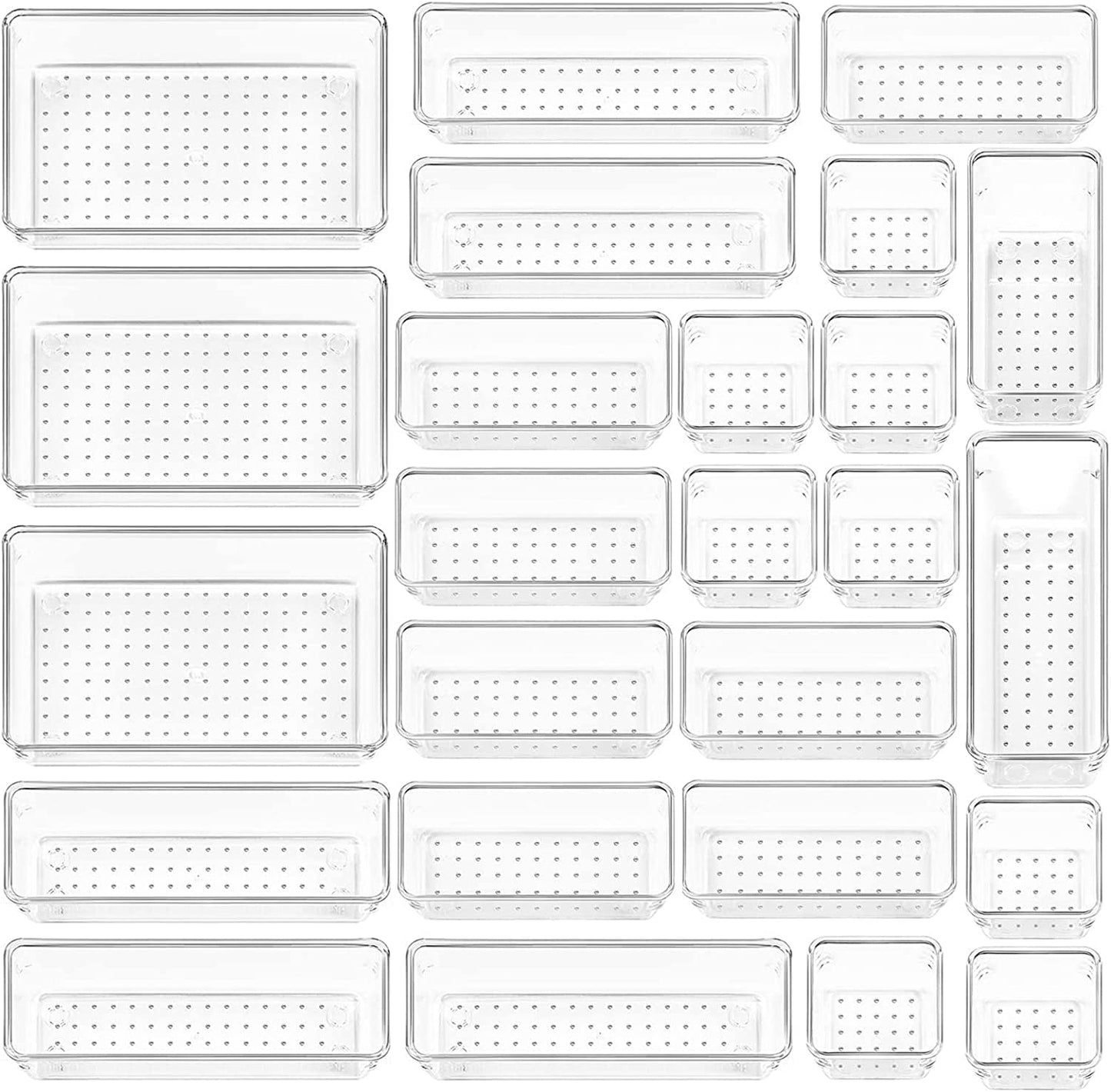 25 Pcs Desk Drawer Organizer Trays, Clear Plastic Storage Boxes Bins, Desk Versatile Tidy Divider, Make-Up Organiser Boxes with 5 Size for Bedroom Office Kitchen