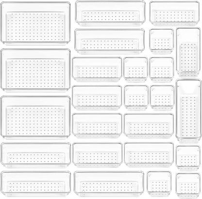 25 Pcs Desk Drawer Organizer Trays, Clear Plastic Storage Boxes Bins, Desk Versatile Tidy Divider, Make-Up Organiser Boxes with 5 Size for Bedroom Office Kitchen