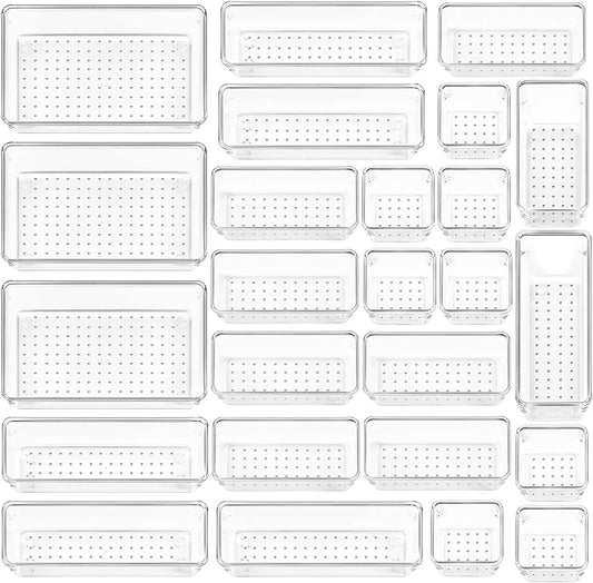 25 Pcs Desk Drawer Organizer Trays, Clear Plastic Storage Boxes Bins, Desk Versatile Tidy Divider, Make-Up Organiser Boxes with 5 Size for Bedroom Office Kitchen