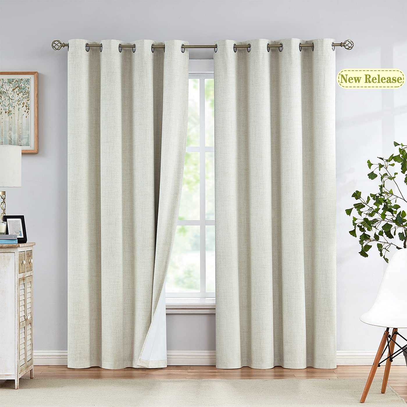 INtex CURTAINS HOUSE Linen Blackout curtains - 100% Blackout - sun zero - Fully Darkness for Room - thermal insulated fabric - silver steel Grommets - 1 Piece 150W X 260L CM Off White-Natural