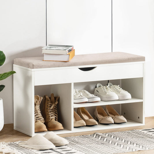 Shoe Storage Bench, Entryway Bench with Flip-up Padded Cushion and Storage Space, 2-Tier & 1- Hidden Compartment Shoe Rack for Bedroom, White
