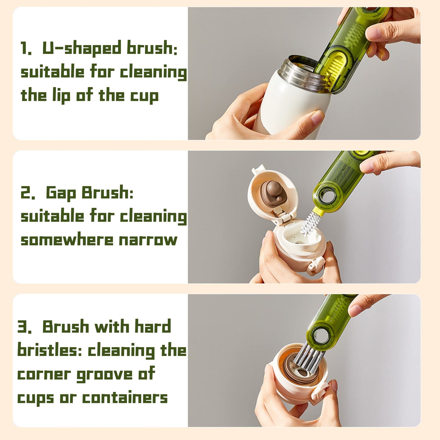 2Pcs 3-in-1 Cup Lid Cleaning Brush Set,Multifunctional Bottle Cover Detail Brushes, Kitchen Cleaning Tools for Various Containers,Portable & Space-Saving,Two Colors