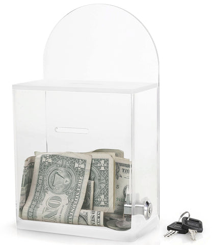 Acrylic Donation and Suggestion Box, Wall-Mountable or Countertop Collection Box with Lock and Keys, Round Back Display Area, Pre-Drilled Holes for Secure Installation, 25 x 15 cm, Clear