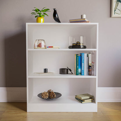 3 Tier Low Bookcase, White Wooden Shelving Display Storage Unit, Modern Office and Living Room Furniture, Wide and Compact Bookshelf, Elegant Design