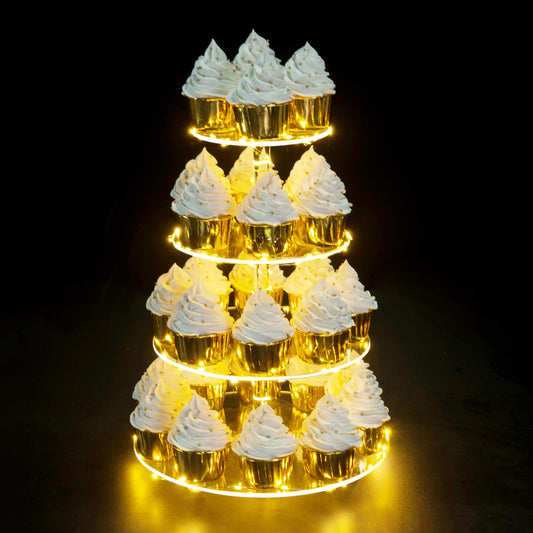 Acrylic Cupcake Stand, 4 Tier Round Display Tower with LED Light String, for Weddings, Birthday Parties, Dessert Tables, Pastry and Cake Display, 30 cm Height, Clear with Yellow Light