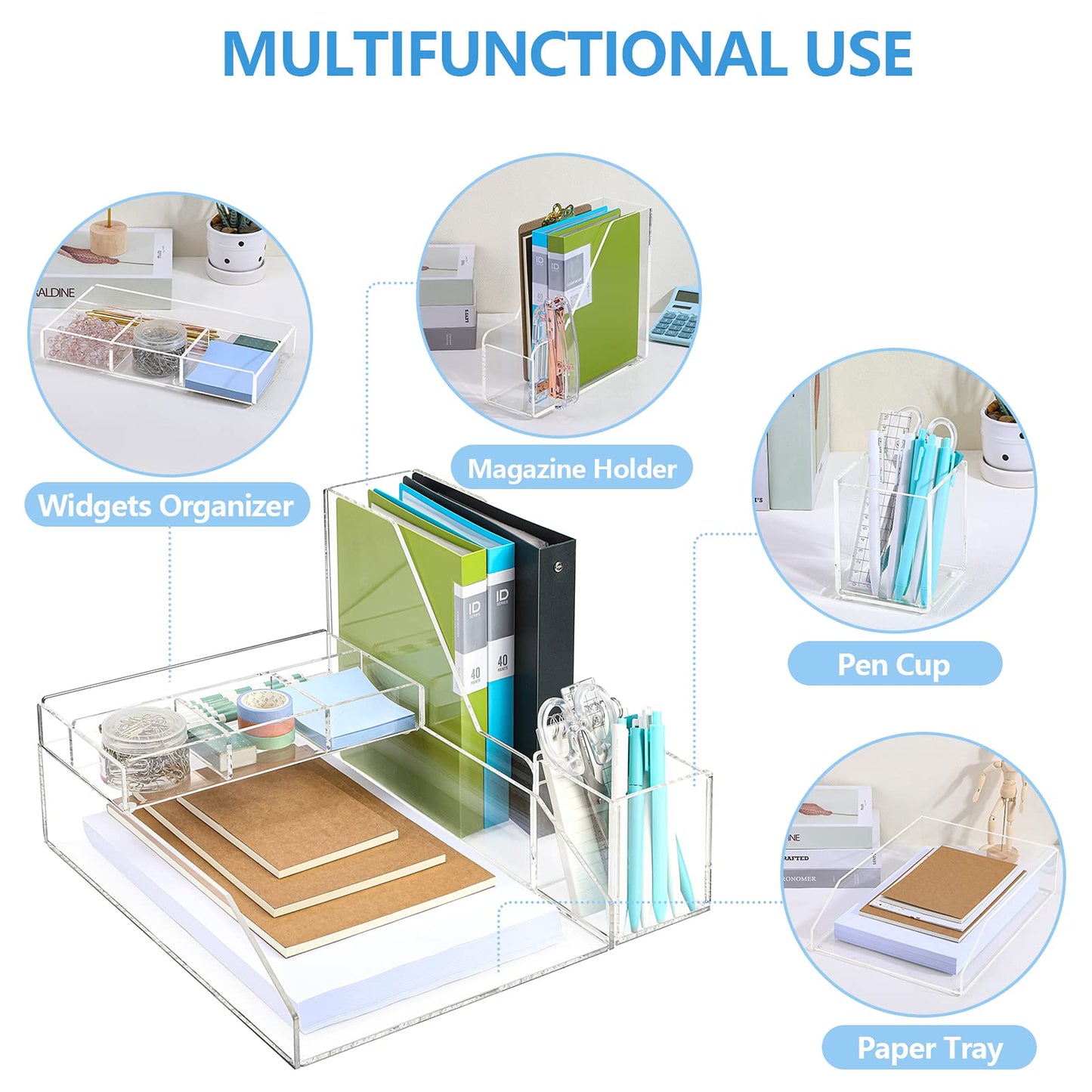 Clear Acrylic Desk Organizer Set, 4 Pcs Office Supplies Set with Paper Tray, Magazine Holder, Pen Holder, Desktop Organizer for Home and Office