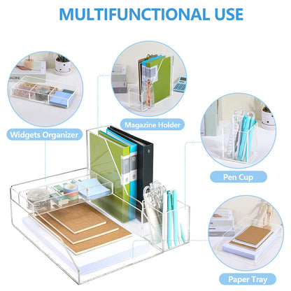 Clear Acrylic Desk Organizer Set, 4 Pcs Office Supplies Set with Paper Tray, Magazine Holder, Pen Holder, Desktop Organizer for Home and Office