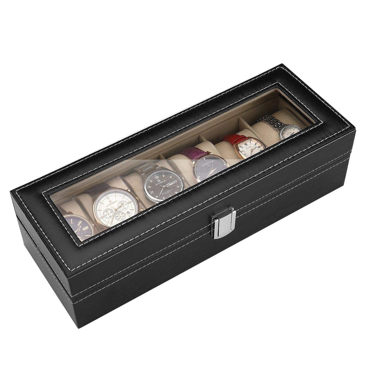 Watch Organizer, 6 Slot Watch Box PU Leather Watch Storage Case with Lock and Key, Birthday Fathers Day Mothers Gifts Presents for Men and Women