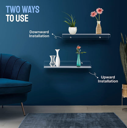 3-Piece Clear Acrylic Wall Shelves, Invisible Floating Bookshelves with Hidden Screws and Mounting Kit, Decorative Storage for Room Bathroom or Kitchen Walls, Sleek Transparent Design
