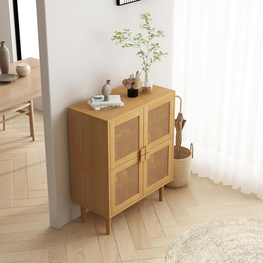 Modern Cane Storage Cabinet, 4-Door Wooden Sideboard with Rattan Panels, Natural Oak Finish