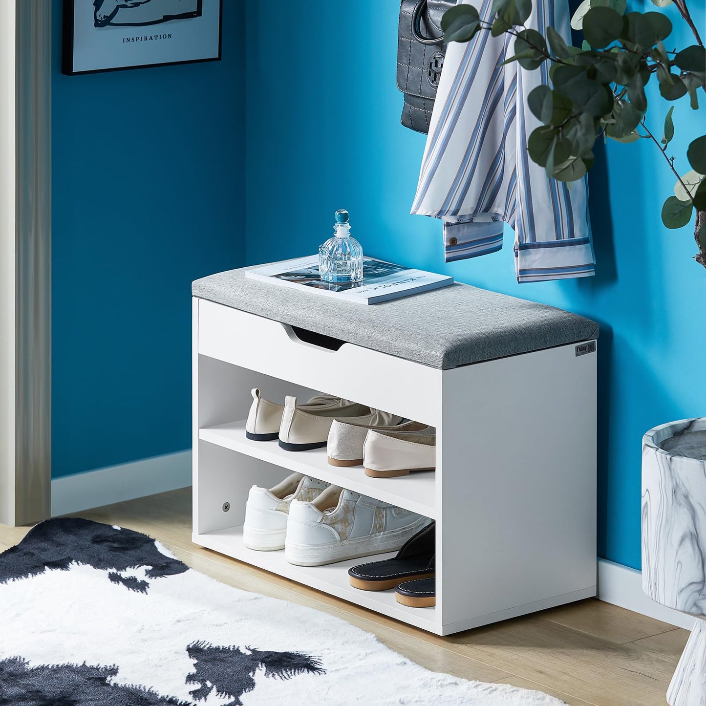 Shoe Storage Bench with Padded Seat, a functional entryway Shoe Rack and Cabinet, W60 x H43 x D30 cm, finished in a soft and neutral Light Grey color