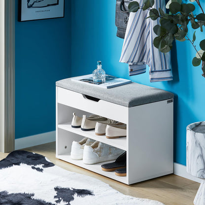 Shoe Storage Bench with Padded Seat, a functional entryway Shoe Rack and Cabinet, W60 x H43 x D30 cm, finished in a soft and neutral Light Grey color