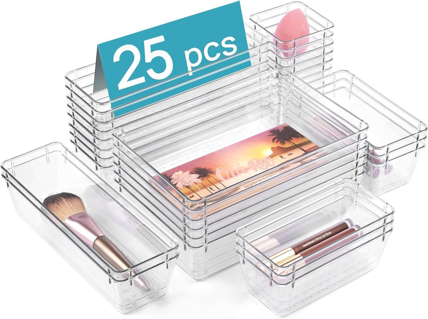 Zimtal Drawer Organizer (25) Set of 4 Size Versatile Desk Drawer Organizers and Storage Bins for Makeup, Bedroom, Jewelry, and Kitchen/Office Devices made of Clear Plastic (25 pcs)