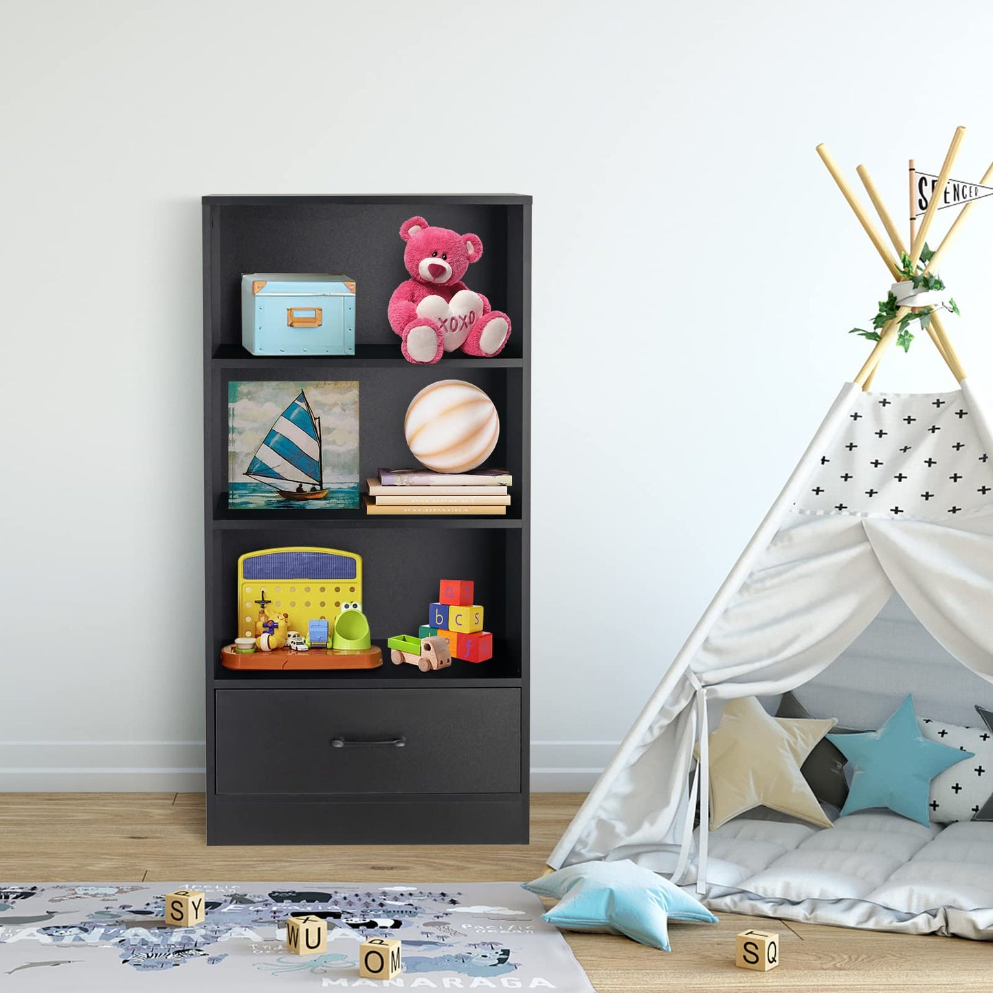 Wooden Bookcase with Drawer, Freestanding Storage Bookshelf Cabinet with 3-Tier Open Shelves, Display Rack Shelving Unit for Living Room or Office (Black)