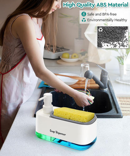 MeRaYo Dual-Pump Kitchen Sink Soap Dispenser & Dish Wash Dispenser with Sponge Holder, White