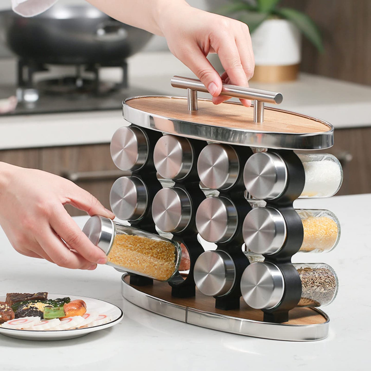Joyeee 12 Glass Spice Jars with Rack, Classy Stainless Steel Spice Rack Organizer, Kitchen Gadget for Christmas