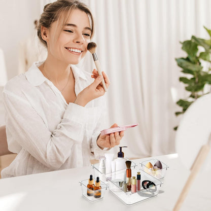 Zollyss Desk Drawer Organizer Trays Various Size Bathroom Drawer Tray Dividers Plastic Vanity Organizers Storage Bins for Makeup Dresser Kitchen Office (Clear) (6 PCS)