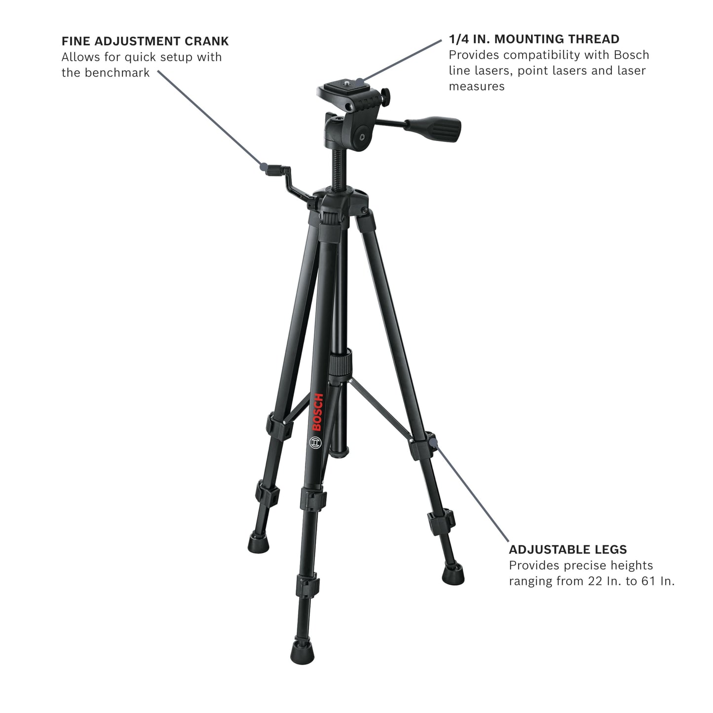 Bosch BT150 Compact Tripod with Extendable Height for Use with Line Lasers, Point Lasers, and Laser Distance Tape Measuring Tools, Black