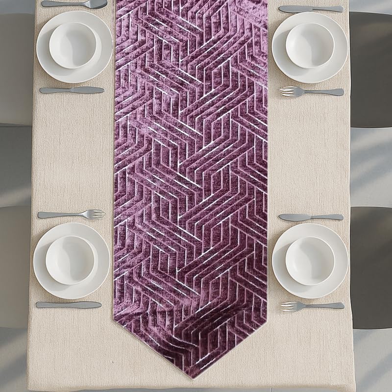 INtex Home Table Runner with V-Shaped End, Nadia’s Geometric Design in Heavy Duty Velvet Linen Fabric, Reception Living Room or Special Occasions, 1 Pc - 45 x 160 cm - Café