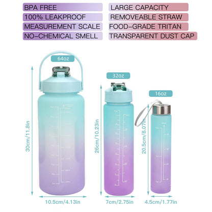 Motivational Water Bottle Set, 3 Pcs (1.9L, 950ml, 475ml) with Straw & Time Marker, Leakproof BPA-Free Jugs for Sports, Gym, and Travel, Half Gallon Hydration Tracker, Gradient Green