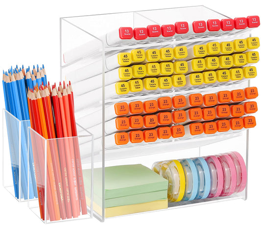 Clear Pen Organizer Storage Caddy with 2 Pen Holder Cups, Acrylic Desk Organizer and Art Supply Holder for Desk, Stationary Caddy for Colored Pencils, Pens, and Markers for Office
