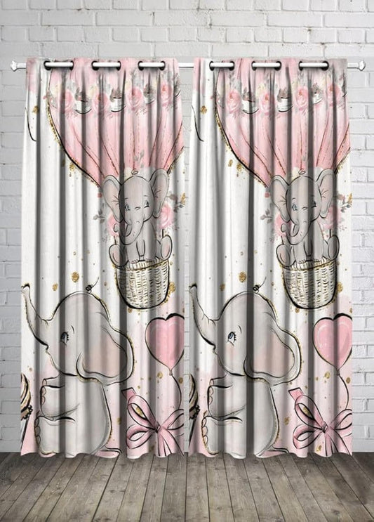 Kids Room Elephants and Balloons Baby Girl Curtain -Linen Velvet Fabric -Privacy - Steel Grommets - 2 Pieces