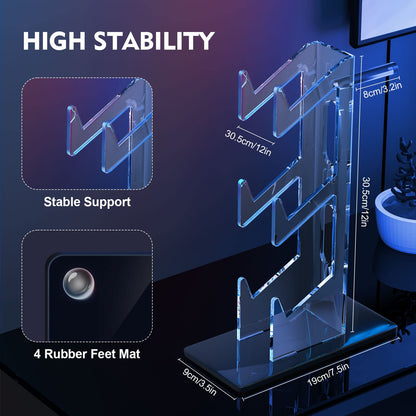 3-Tier Headset and Dual Controller Stand, Universal Gaming Organizer Rack for Desk, Clear Acrylic Holder for PS5, PS4, and Xbox Accessories, Modern Gamer Storage Station