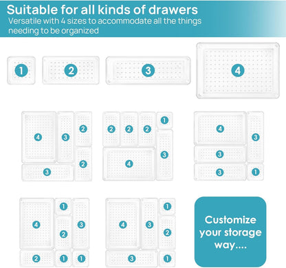 Zimtal Drawer Organizer (25) Set of 4 Size Versatile Desk Drawer Organizers and Storage Bins for Makeup, Bedroom, Jewelry, and Kitchen/Office Devices made of Clear Plastic (25 pcs)