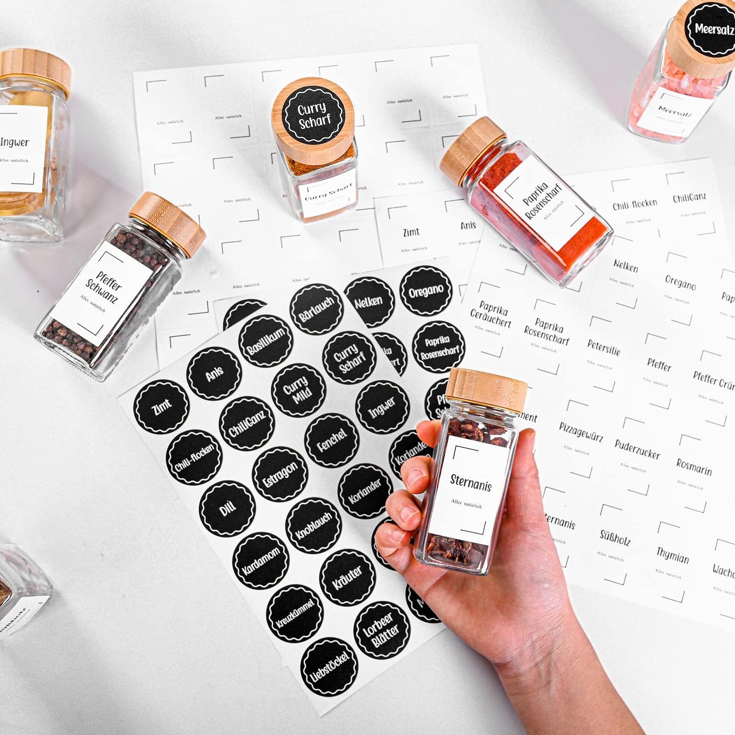 Roetell Set of 12 Spice Jars with Bamboo Lids, Square 120 ml Spice Jars with Metal Inner Lid, Foldable Funnel, Spice Storage Bottles for Spice Rack, Cabinet, Drawer