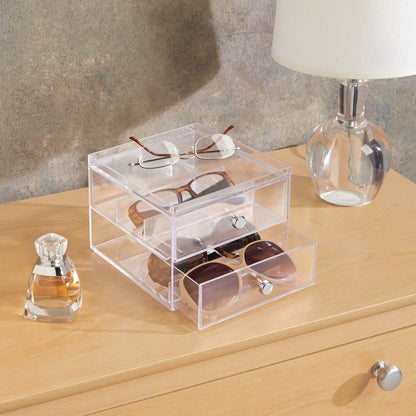 Eyeglass Organizer Holder, Clear Acrylic Storage Box with 2 Divided Drawers for Sunglasses, Eyeglasses and Reading Glasses, Desktop or Drawer Use for Home, Closet or Office Storage, Clear