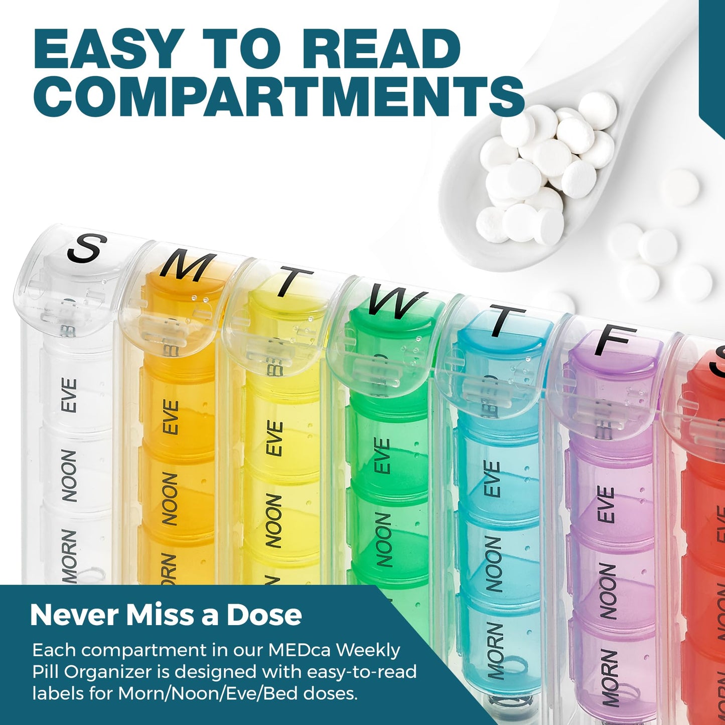 Weekly Pill Organizer - 7 Day Pill Box with 4 Compartments Per Day, Portable Medication Planner for Pills, Vitamins, Supplements, Easy-to-Use Design, Travel Friendly