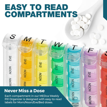 Weekly Pill Organizer - 7 Day Pill Box with 4 Compartments Per Day, Portable Medication Planner for Pills, Vitamins, Supplements, Easy-to-Use Design, Travel Friendly