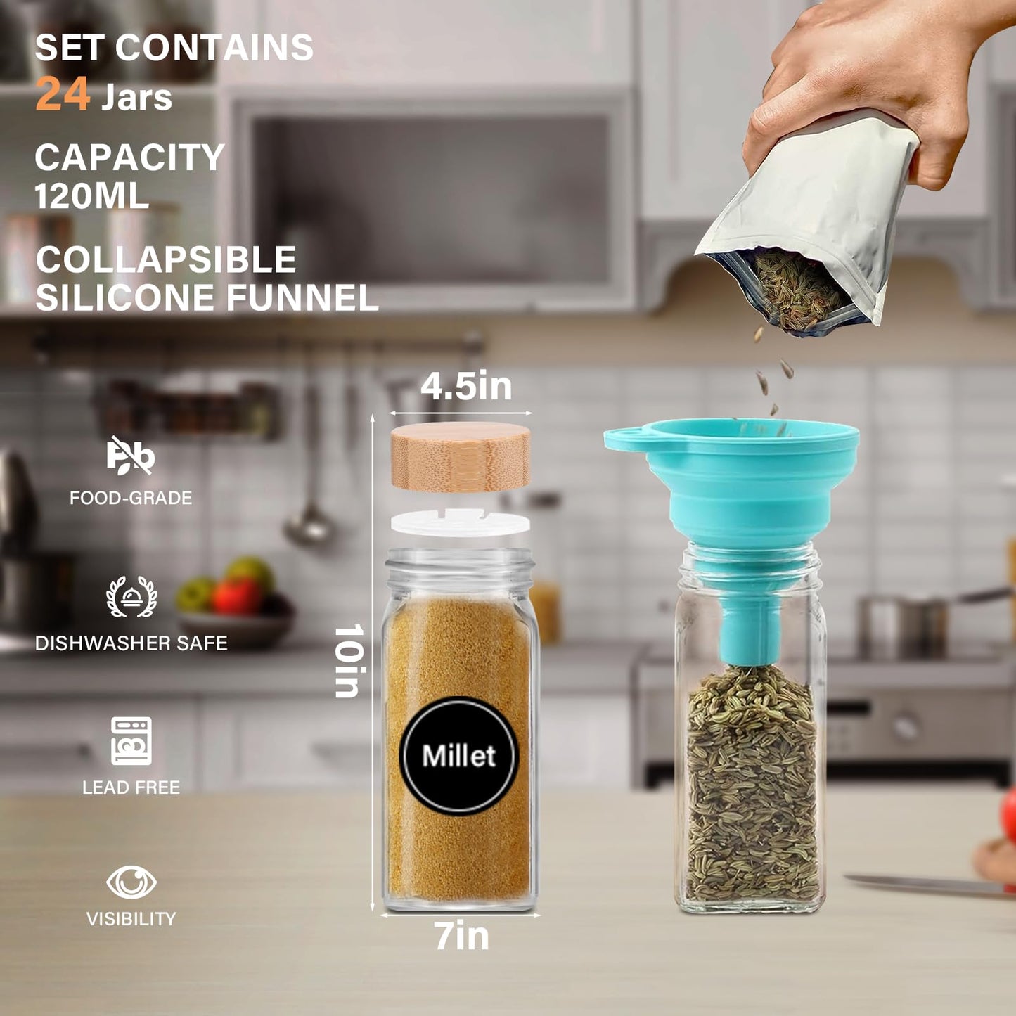 VZOXL 24 Pcs Spice Jars, 4oz Empty Glass Spice Jars, Square Bamboo Spice Jars for Herbs, Spices & Seasoning -Kitchen Storage & Organisation of Spice Jars with Lids and Labels.