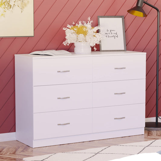 Wide Chest of 6 Drawers, Durable Manufactured Wood Bedroom Storage Unit with Smooth Sliding Drawers and Ample Space, Elegant Furniture in a Clean White Finish for Any Room