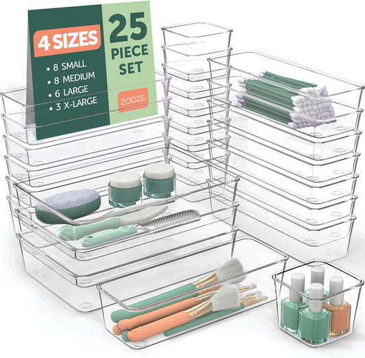 ZODZE Clear Plastic Drawer Organizer Tray Set, 25 Pieces, for Makeup, Jewelry and Gadgets Storage