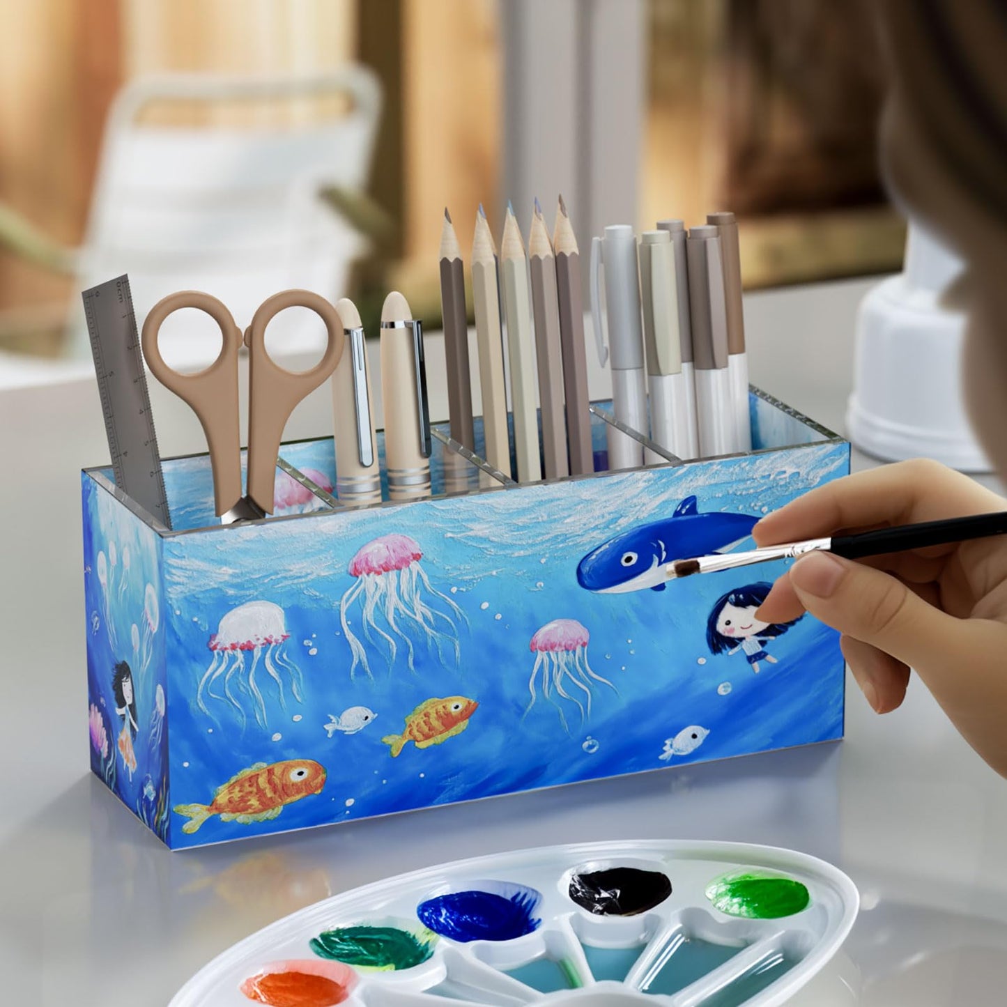 Acrylic Pen Holder, Clear Desk Organizer with 4 Compartments, Storage Cup for Pens, Pencils, Markers and Office Supplies, Suitable for Countertop, Desk and Workstation Use, Clear