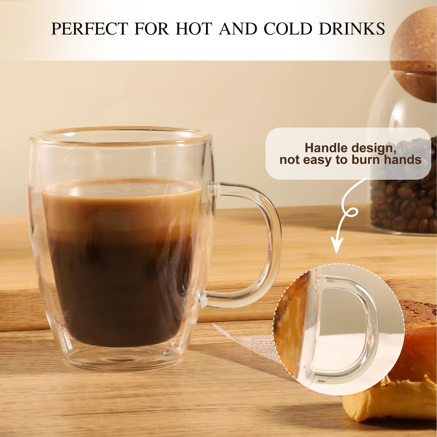 YUNCANG Double Wall Glass Coffee Mugs, (4-Pcak) 13 Ounces-Clear Glass Coffee Cups with Handle,Insulated Coffee Glass,Cappuccino Cups,Tea Cups,Latte Cups,Beverage Glasses Heat Resistant