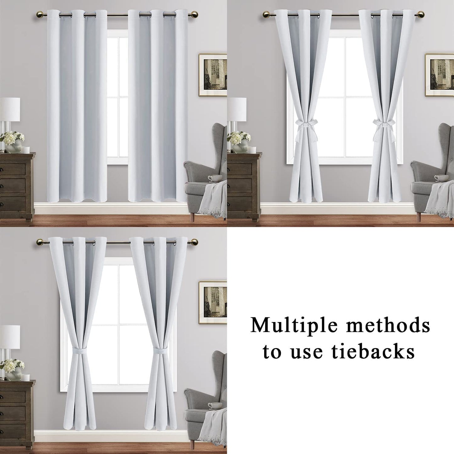 Blackout Curtains with Tiebacks - Thermal Insulated, Light Blocking and Noise Reducing Grommet Curtain Drapes for Bedroom and Living Room, Set of 2 Panels,