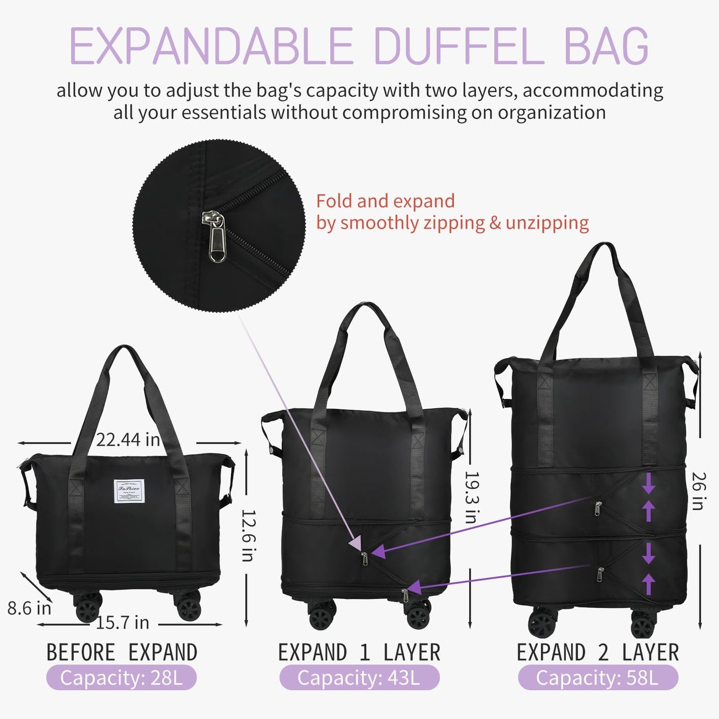 HI-FINE Expandable Foldable Duffle Bag With Wheels for Travel, Rolling Luggage Carry-On, Large Weekend Bag (Black)