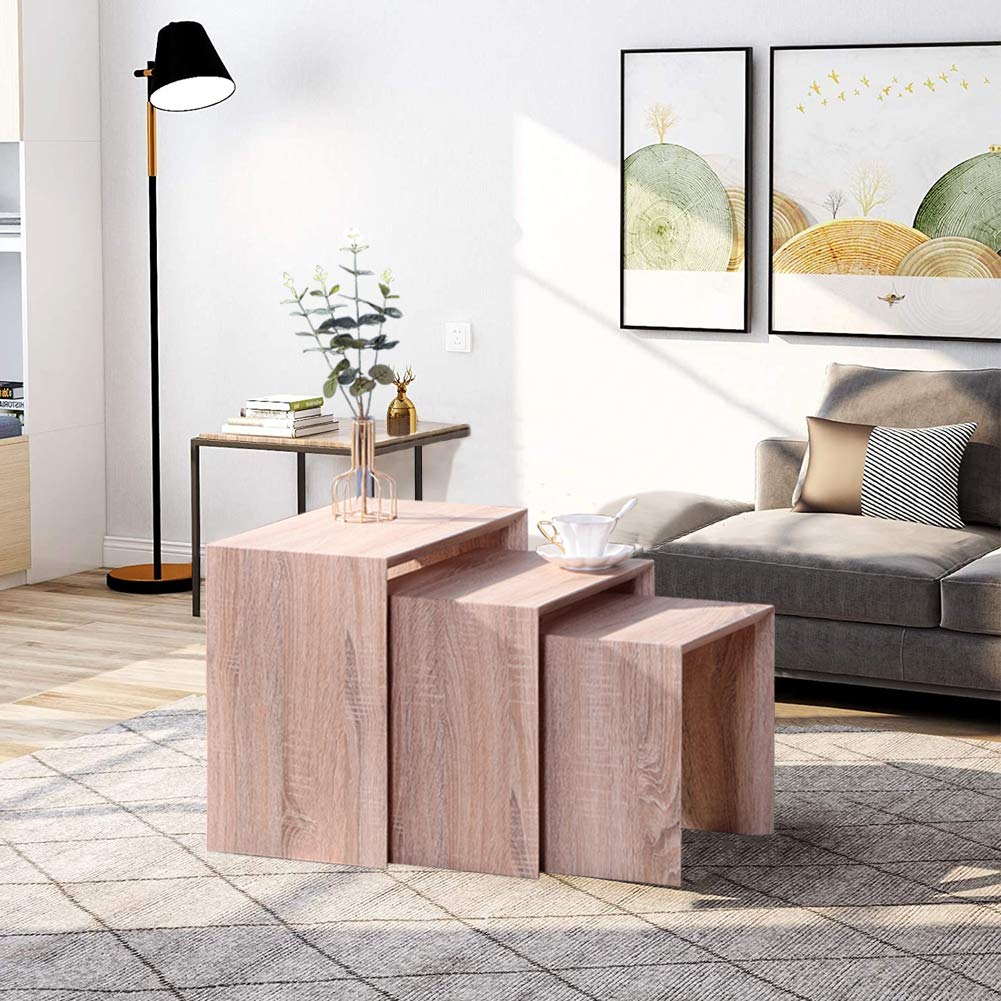 Nest of 3 Tables in Light Brown,Wood Coffee Table Set for Living Room, Multi-functionaLEnd Side Table, Stackable Space-Saving Modern Furniture, Versatile Design